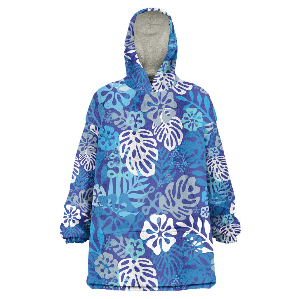 Blue Aloha Hawaiian Wearable Blanket Hoodie Monstera Hibiscus Tropical Pattern LT19 One Size Blue - Polynesian Pride
