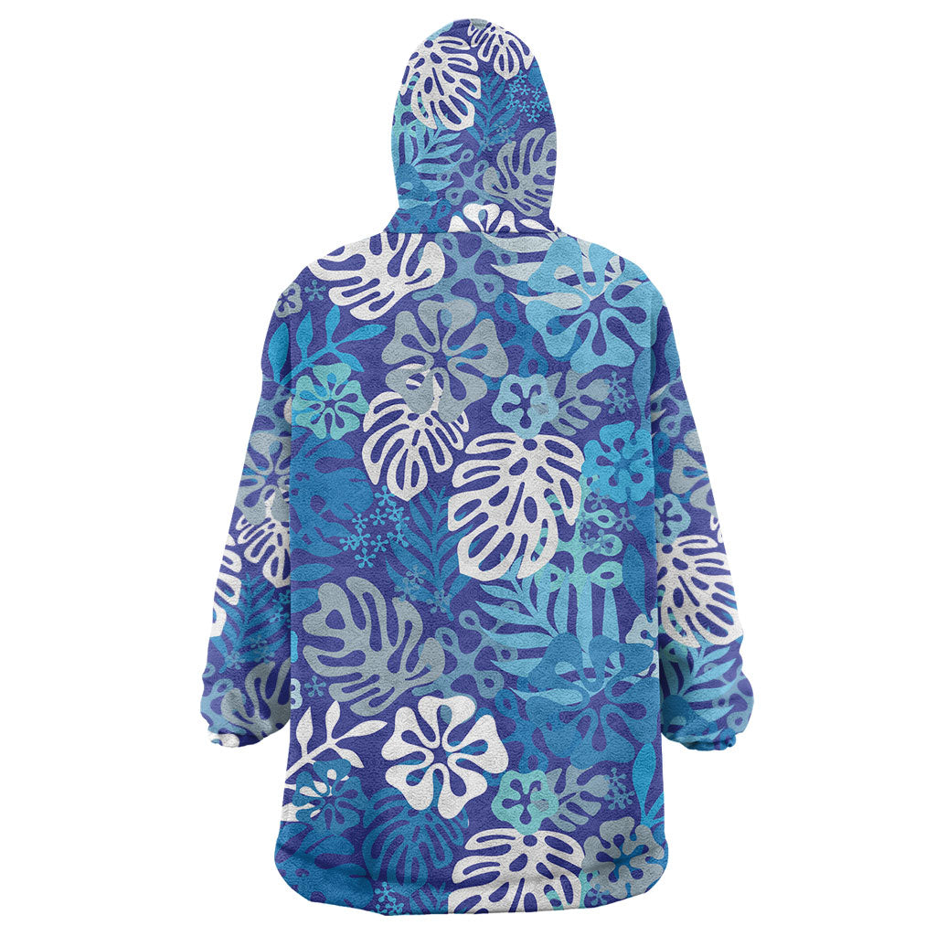 Blue Aloha Hawaiian Wearable Blanket Hoodie Monstera Hibiscus Tropical Pattern LT19 - Polynesian Pride