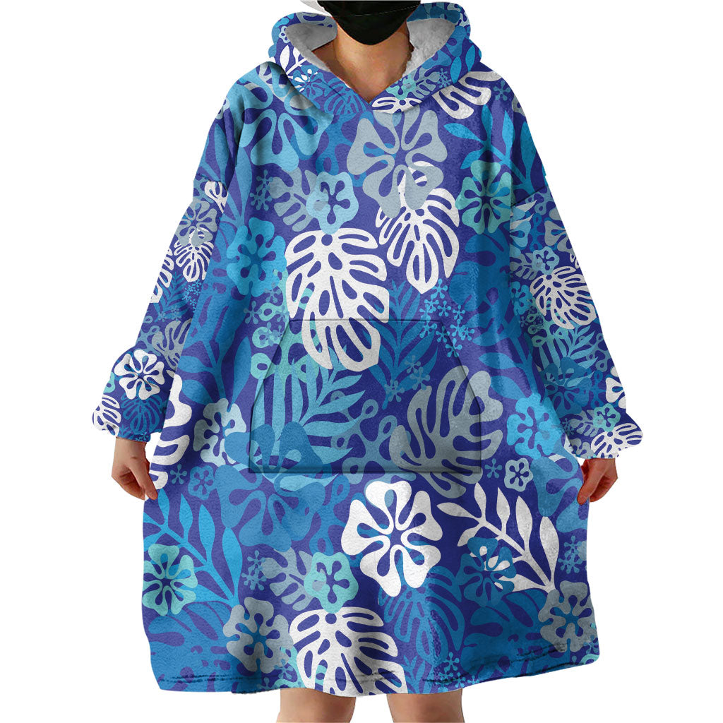 Blue Aloha Hawaiian Wearable Blanket Hoodie Monstera Hibiscus Tropical Pattern LT19 - Polynesian Pride