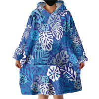 Blue Aloha Hawaiian Wearable Blanket Hoodie Monstera Hibiscus Tropical Pattern LT19 - Polynesian Pride