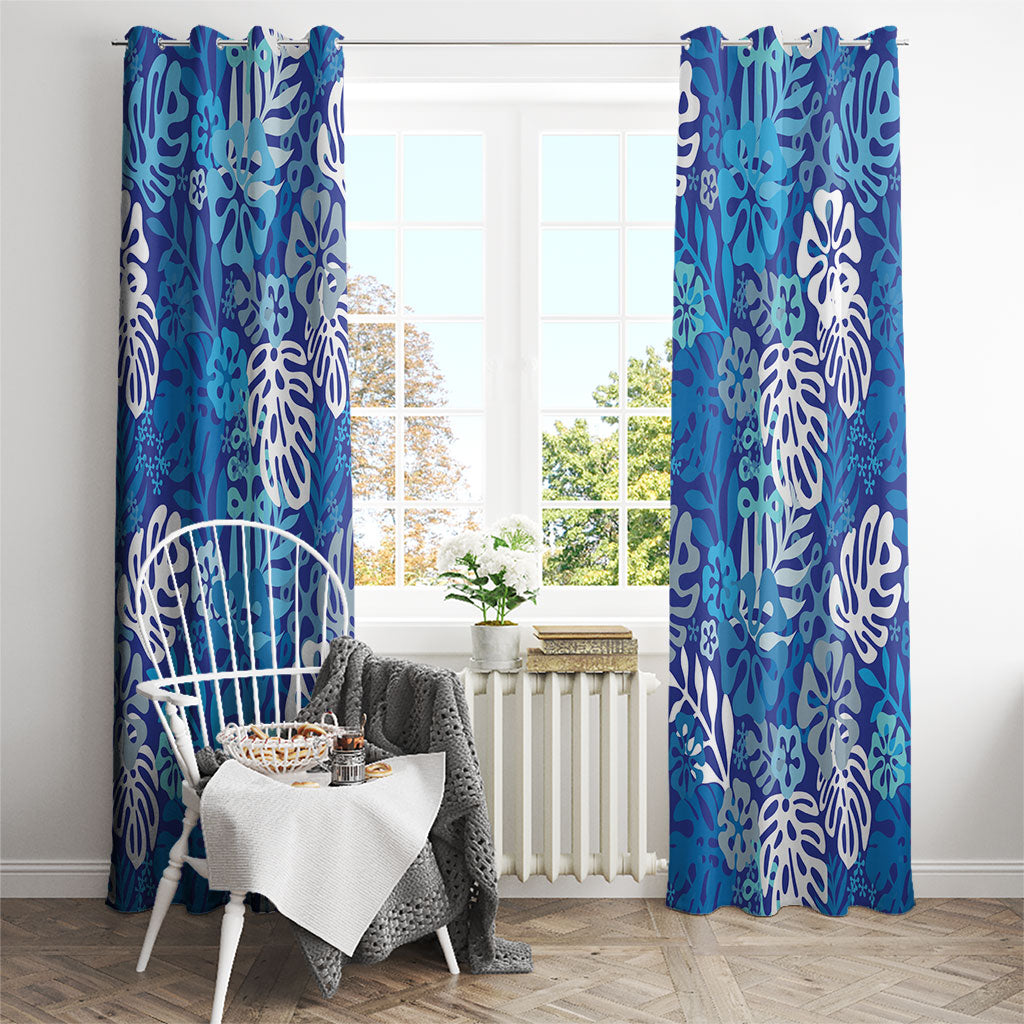 Blue Aloha Hawaiian Window Curtain Monstera Hibiscus Tropical Pattern LT19 - Polynesian Pride