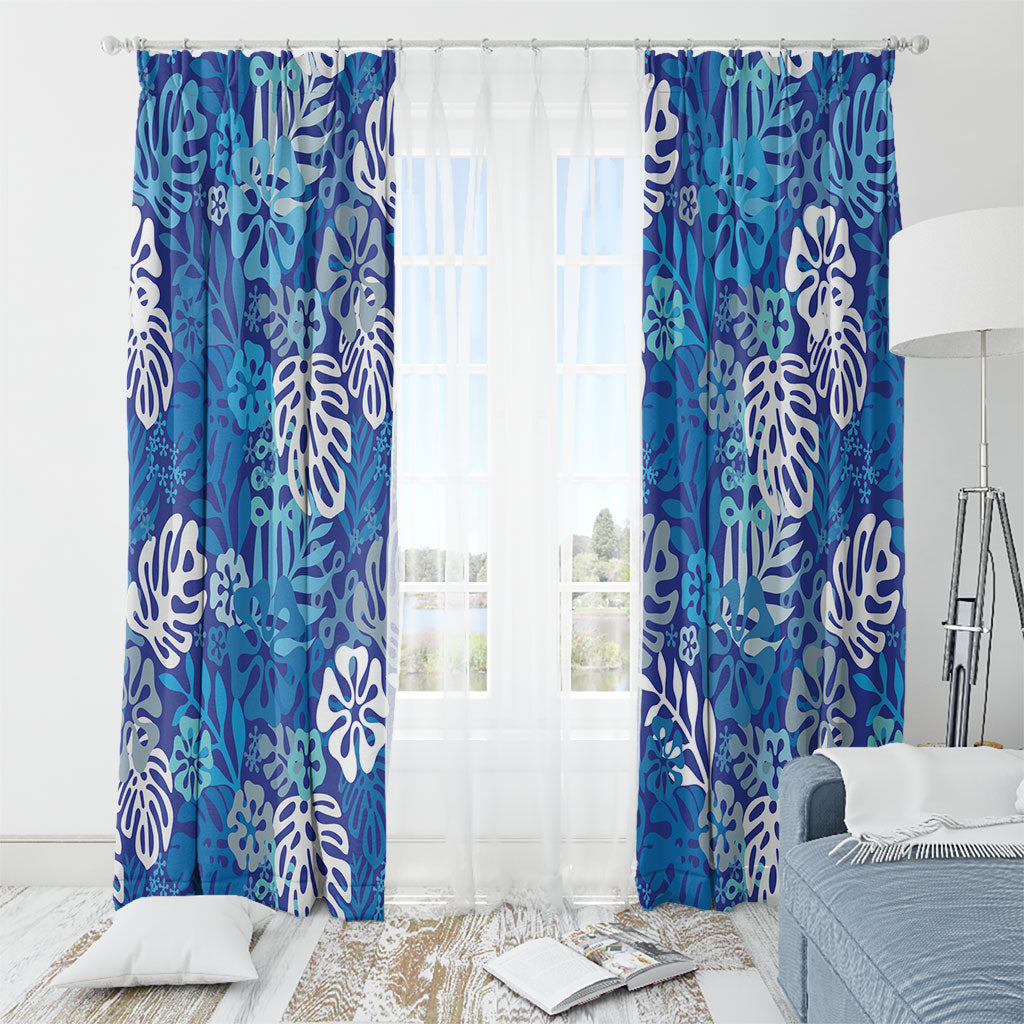 Blue Aloha Hawaiian Window Curtain Monstera Hibiscus Tropical Pattern LT19 - Polynesian Pride