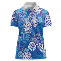 Blue Aloha Hawaiian Women Polo Shirt Monstera Hibiscus Tropical Pattern LT19 Female Blue - Polynesian Pride