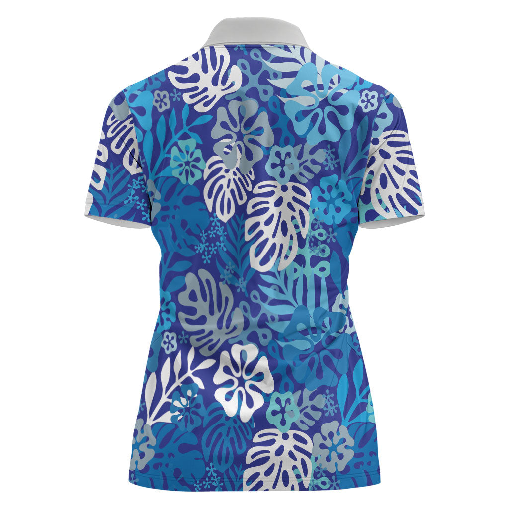 Blue Aloha Hawaiian Women Polo Shirt Monstera Hibiscus Tropical Pattern LT19 - Polynesian Pride