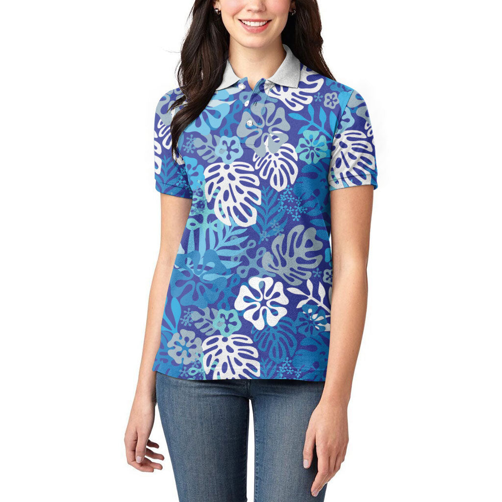 Blue Aloha Hawaiian Women Polo Shirt Monstera Hibiscus Tropical Pattern LT19 - Polynesian Pride