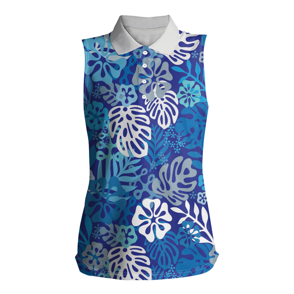 Blue Aloha Hawaiian Women Sleeveless Polo Shirt Monstera Hibiscus Tropical Pattern LT19 Female Blue - Polynesian Pride