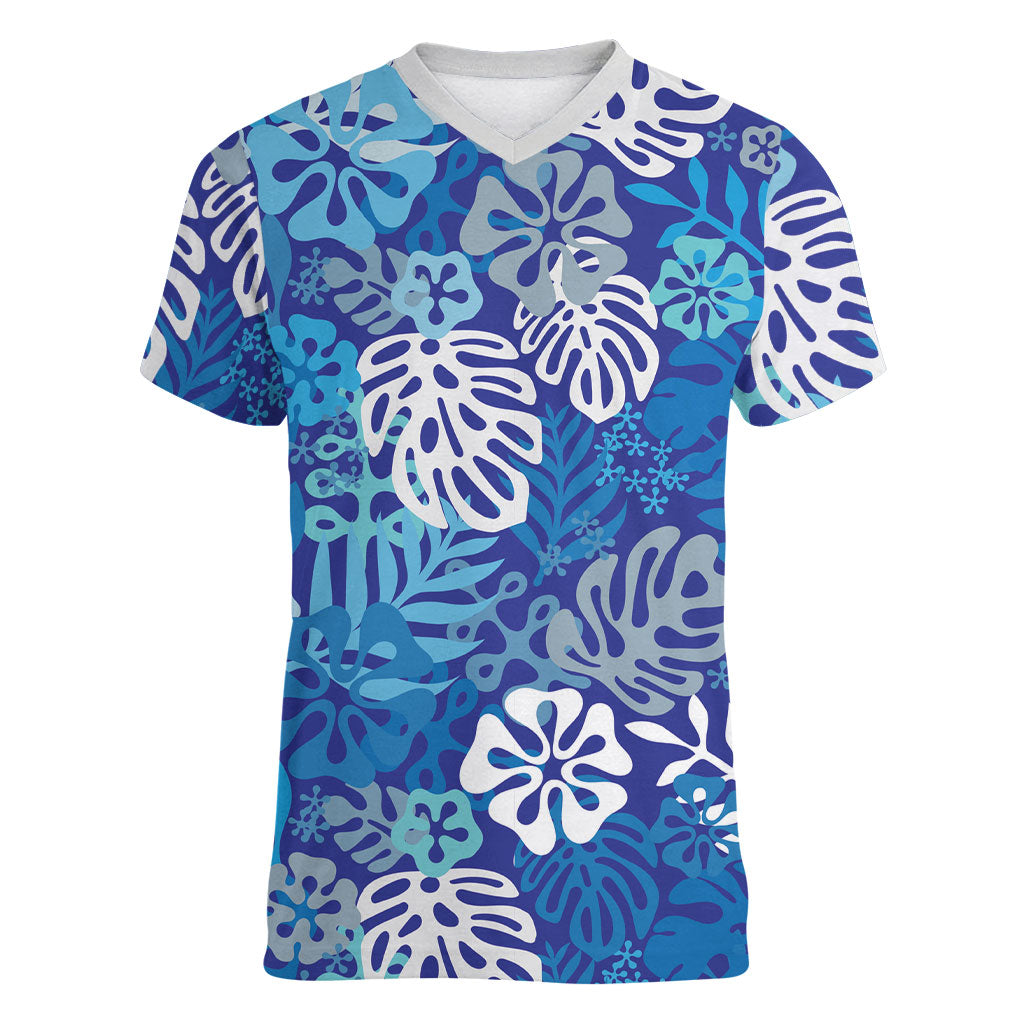 Blue Aloha Hawaiian Women V-Neck T-Shirt Monstera Hibiscus Tropical Pattern LT19 Female Blue - Polynesian Pride