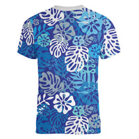 Blue Aloha Hawaiian Women V-Neck T-Shirt Monstera Hibiscus Tropical Pattern LT19 - Polynesian Pride