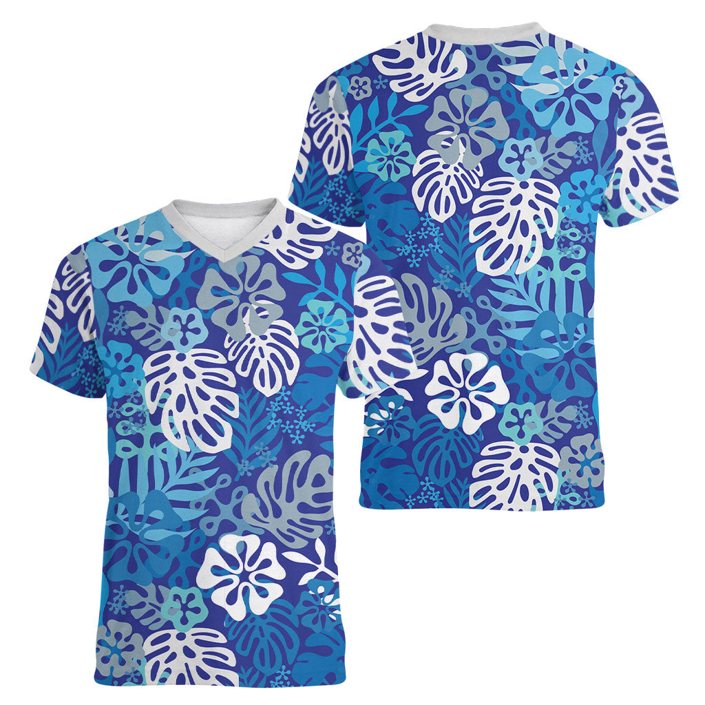 Blue Aloha Hawaiian Women V-Neck T-Shirt Monstera Hibiscus Tropical Pattern LT19 - Polynesian Pride