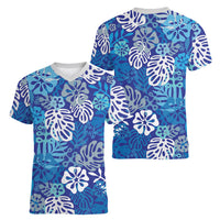 Blue Aloha Hawaiian Women V-Neck T-Shirt Monstera Hibiscus Tropical Pattern LT19 - Polynesian Pride