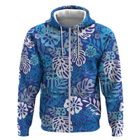 Blue Aloha Hawaiian Zip Hoodie Monstera Hibiscus Tropical Pattern LT19 Zip Hoodie Blue - Polynesian Pride