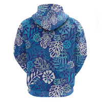 Blue Aloha Hawaiian Zip Hoodie Monstera Hibiscus Tropical Pattern LT19 - Polynesian Pride