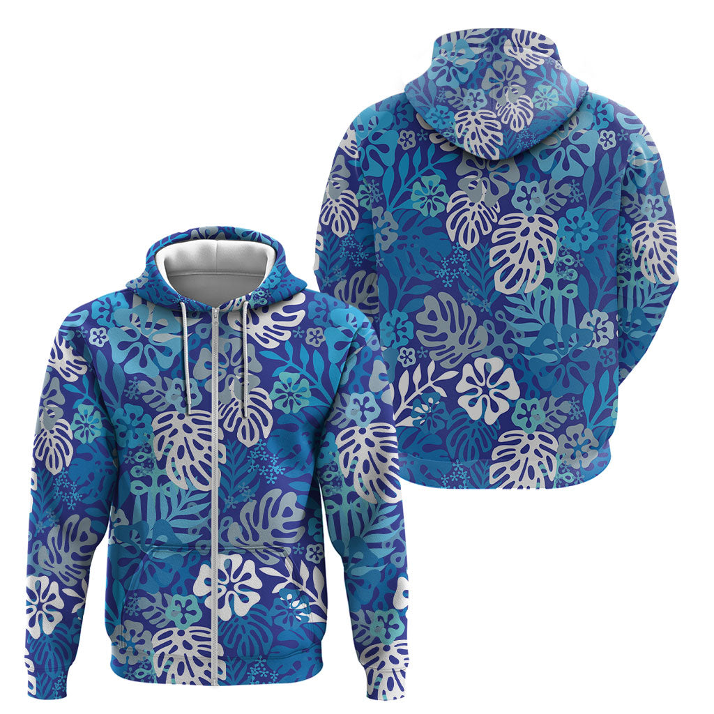 Blue Aloha Hawaiian Zip Hoodie Monstera Hibiscus Tropical Pattern LT19 - Polynesian Pride