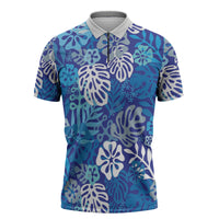 Blue Aloha Hawaiian Zipper Polo Shirt Monstera Hibiscus Tropical Pattern LT19 Blue - Polynesian Pride