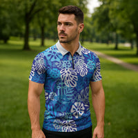 Blue Aloha Hawaiian Zipper Polo Shirt Monstera Hibiscus Tropical Pattern LT19 - Polynesian Pride