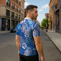 Blue Aloha Hawaiian Zipper Polo Shirt Monstera Hibiscus Tropical Pattern LT19 - Polynesian Pride