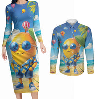 Funny Hawaii Mango Couples Matching Long Sleeve Bodycon Dress and Long Sleeve Button Shirt Tropical Summer Beach Mascot Vacation LT19 Blue - Polynesian Pride