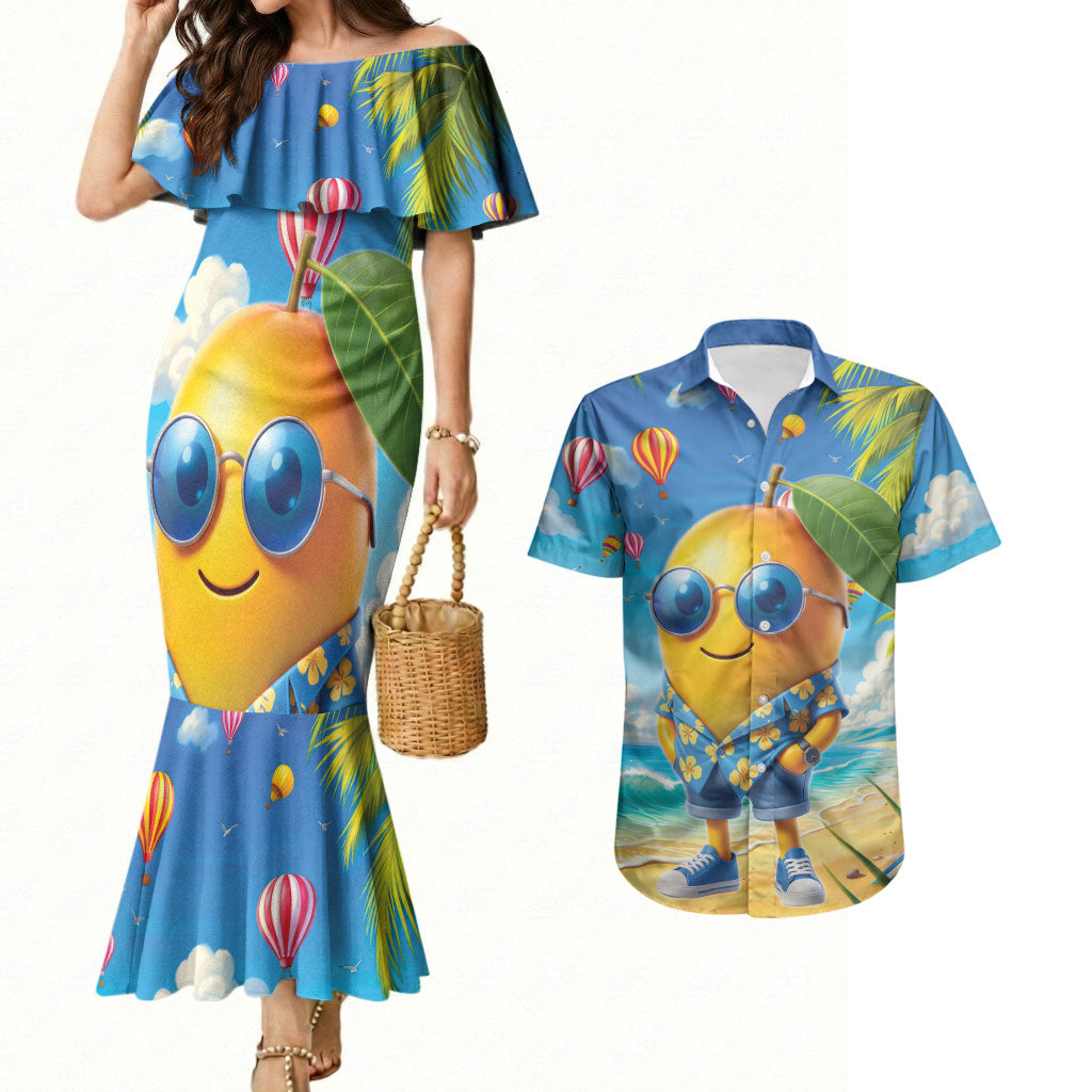 Funny Hawaii Mango Couples Matching Mermaid Dress and Hawaiian Shirt Tropical Summer Beach Mascot Vacation LT19 Blue - Polynesian Pride