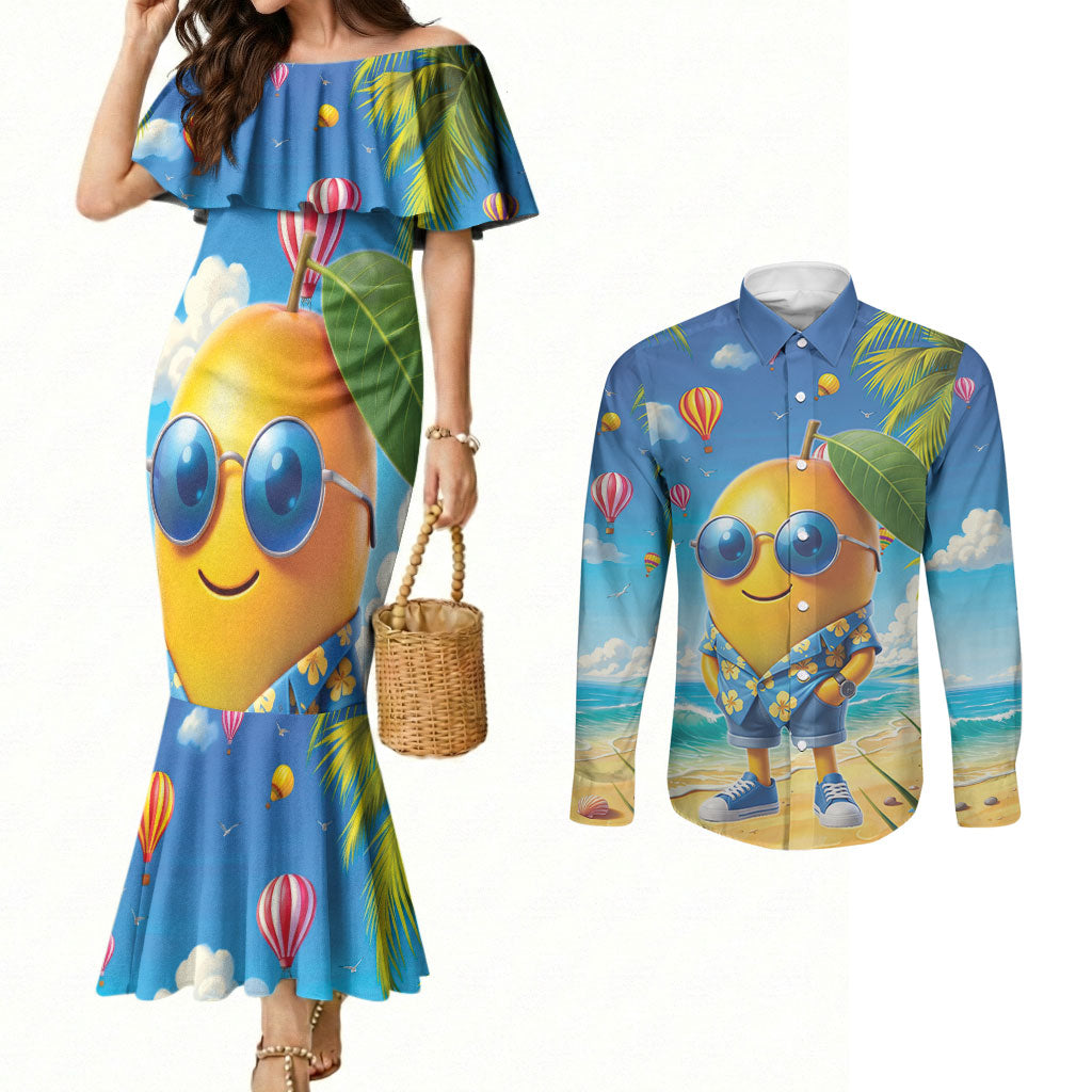 Funny Hawaii Mango Couples Matching Mermaid Dress and Long Sleeve Button Shirt Tropical Summer Beach Mascot Vacation LT19 Blue - Polynesian Pride