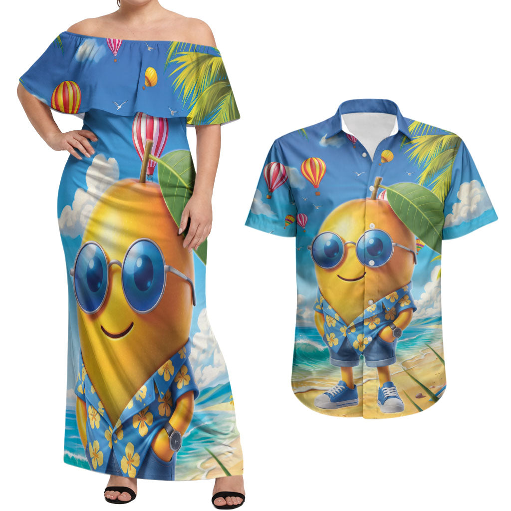 Funny Hawaii Mango Couples Matching Off Shoulder Maxi Dress and Hawaiian Shirt Tropical Summer Beach Mascot Vacation LT19 Blue - Polynesian Pride