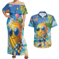 Funny Hawaii Mango Couples Matching Off Shoulder Maxi Dress and Hawaiian Shirt Tropical Summer Beach Mascot Vacation LT19 Blue - Polynesian Pride