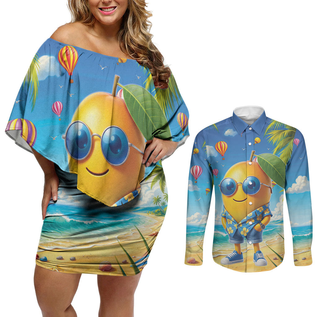 Funny Hawaii Mango Couples Matching Off Shoulder Short Dress and Long Sleeve Button Shirt Tropical Summer Beach Mascot Vacation LT19 Blue - Polynesian Pride