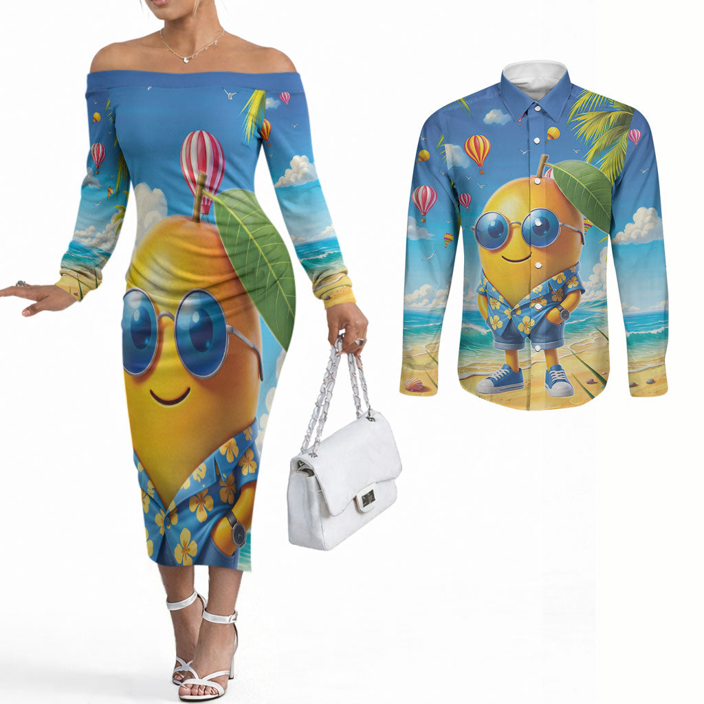 Funny Hawaii Mango Couples Matching Off The Shoulder Long Sleeve Dress and Long Sleeve Button Shirt Tropical Summer Beach Mascot Vacation LT19 Blue - Polynesian Pride