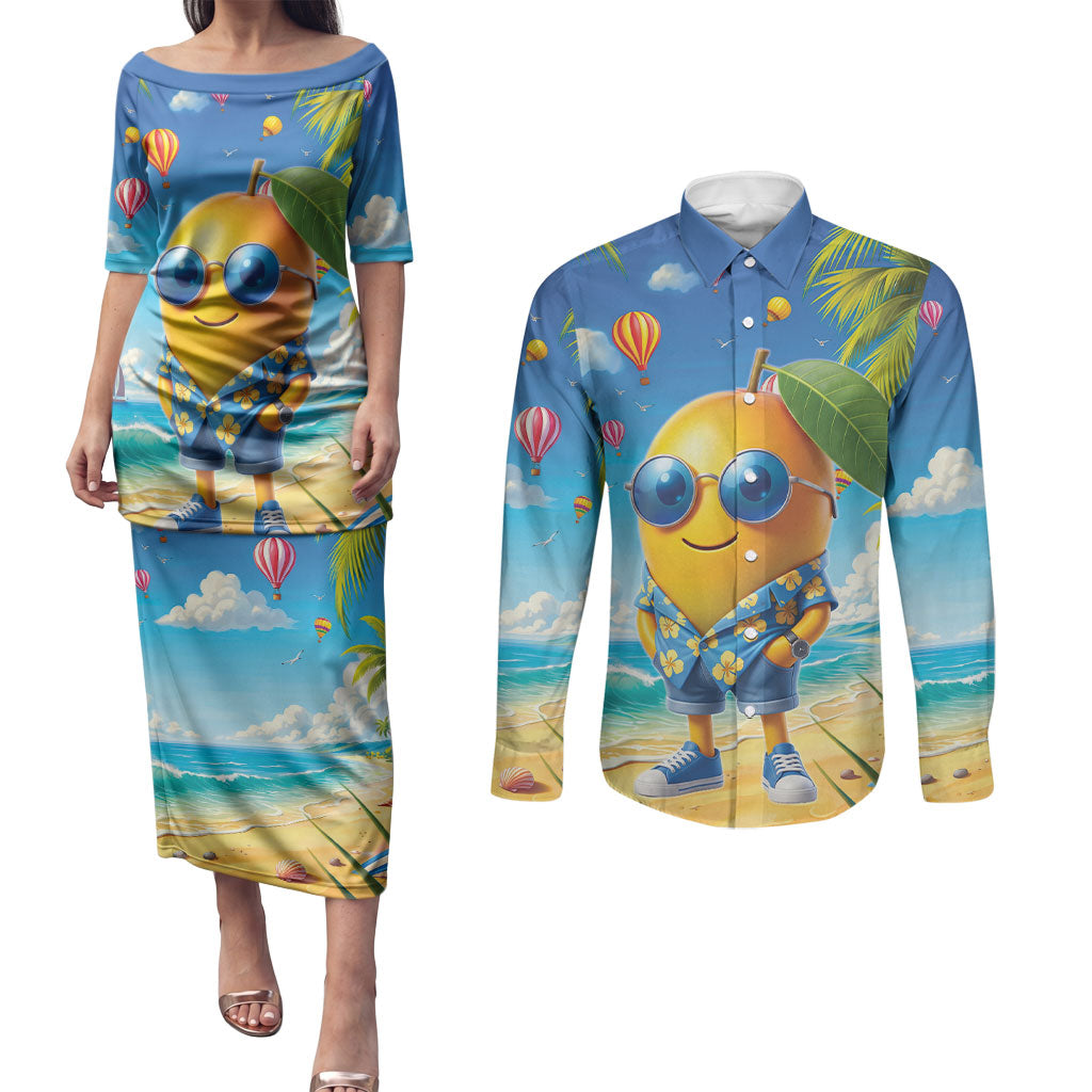 Funny Hawaii Mango Couples Matching Puletasi and Long Sleeve Button Shirt Tropical Summer Beach Mascot Vacation LT19 Blue - Polynesian Pride
