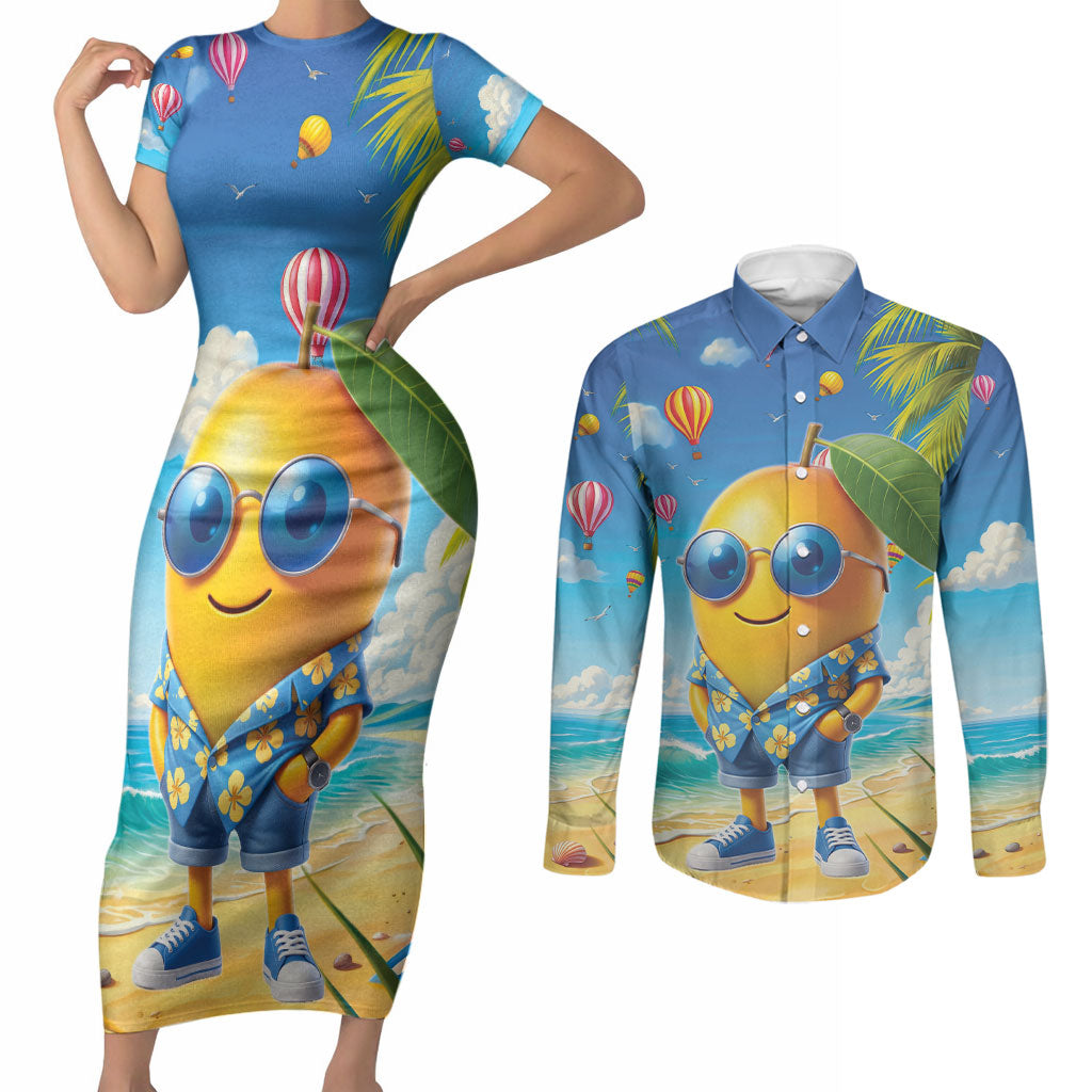 Funny Hawaii Mango Couples Matching Short Sleeve Bodycon Dress and Long Sleeve Button Shirt Tropical Summer Beach Mascot Vacation LT19 Blue - Polynesian Pride