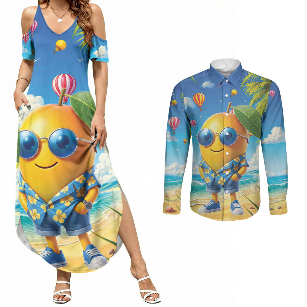 Funny Hawaii Mango Couples Matching Summer Maxi Dress and Long Sleeve Button Shirt Tropical Summer Beach Mascot Vacation LT19 Blue - Polynesian Pride