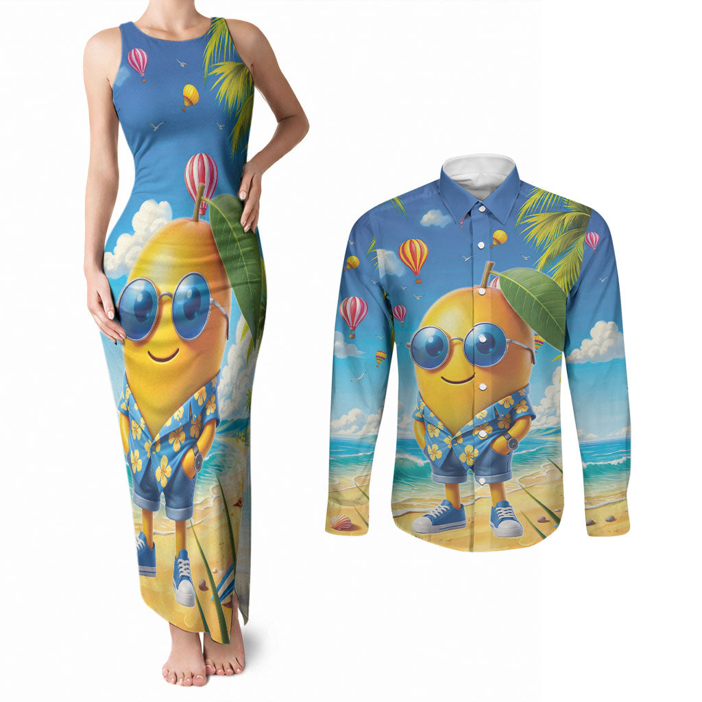 Funny Hawaii Mango Couples Matching Tank Maxi Dress and Long Sleeve Button Shirt Tropical Summer Beach Mascot Vacation LT19 Blue - Polynesian Pride