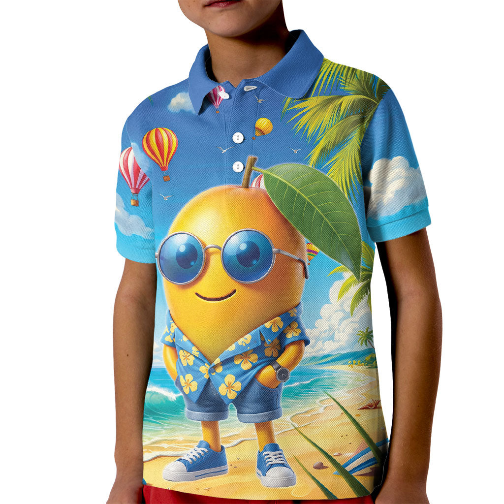 Funny Hawaii Mango Kid Polo Shirt Tropical Summer Beach Mascot Vacation LT19 Kid Blue - Polynesian Pride
