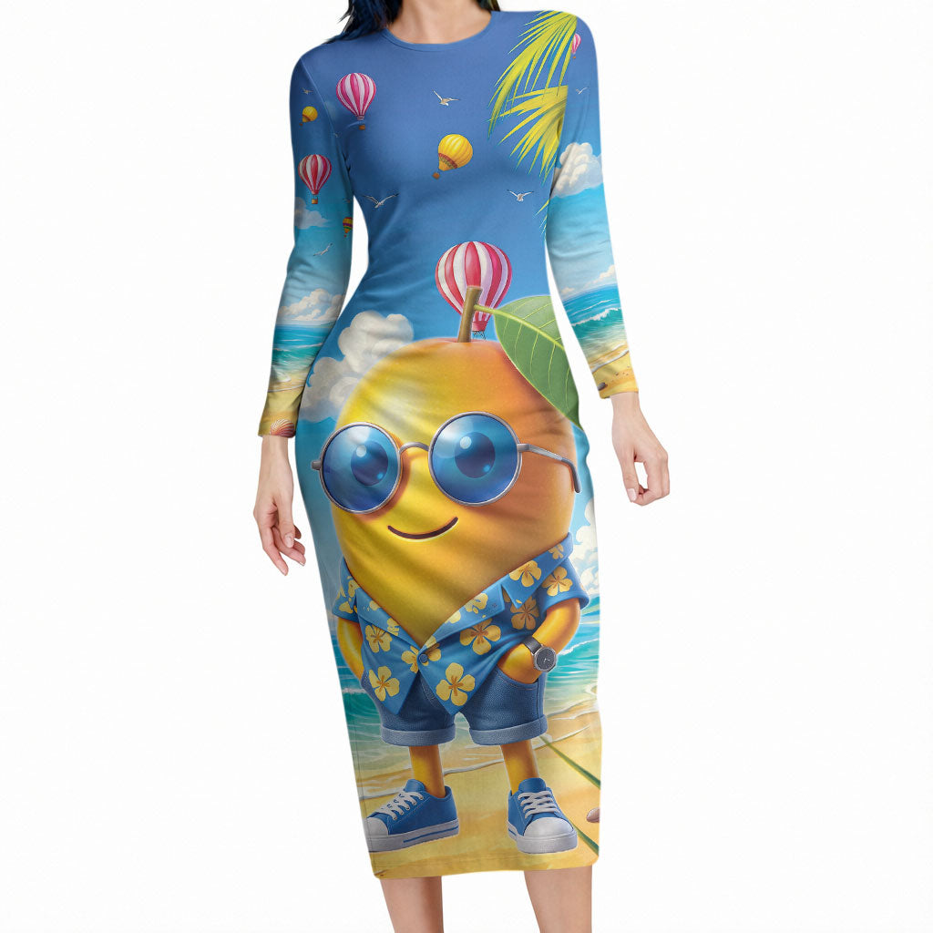 Funny Hawaii Mango Long Sleeve Bodycon Dress Tropical Summer Beach Mascot Vacation LT19 Long Dress Blue - Polynesian Pride