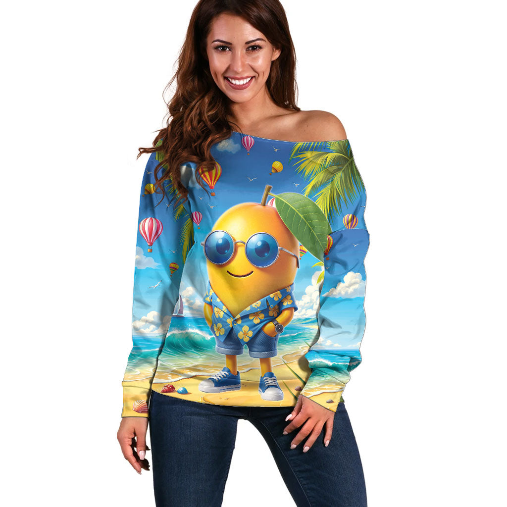 Funny Hawaii Mango Off Shoulder Sweater Tropical Summer Beach Mascot Vacation LT19 Women Blue - Polynesian Pride