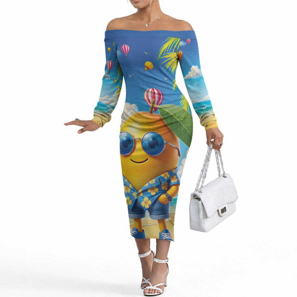 Funny Hawaii Mango Off The Shoulder Long Sleeve Dress Tropical Summer Beach Mascot Vacation LT19 Women Blue - Polynesian Pride
