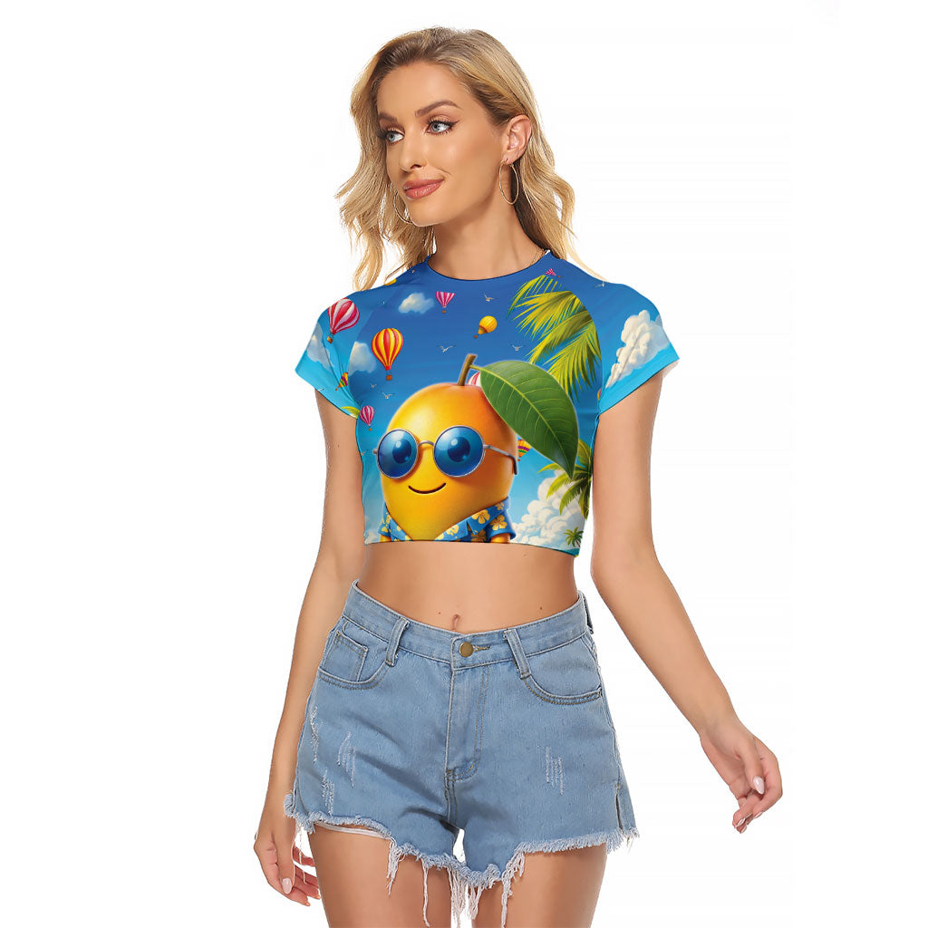 Funny Hawaii Mango Raglan Cropped T Shirt Tropical Summer Beach Mascot Vacation LT19 Female Blue - Polynesian Pride