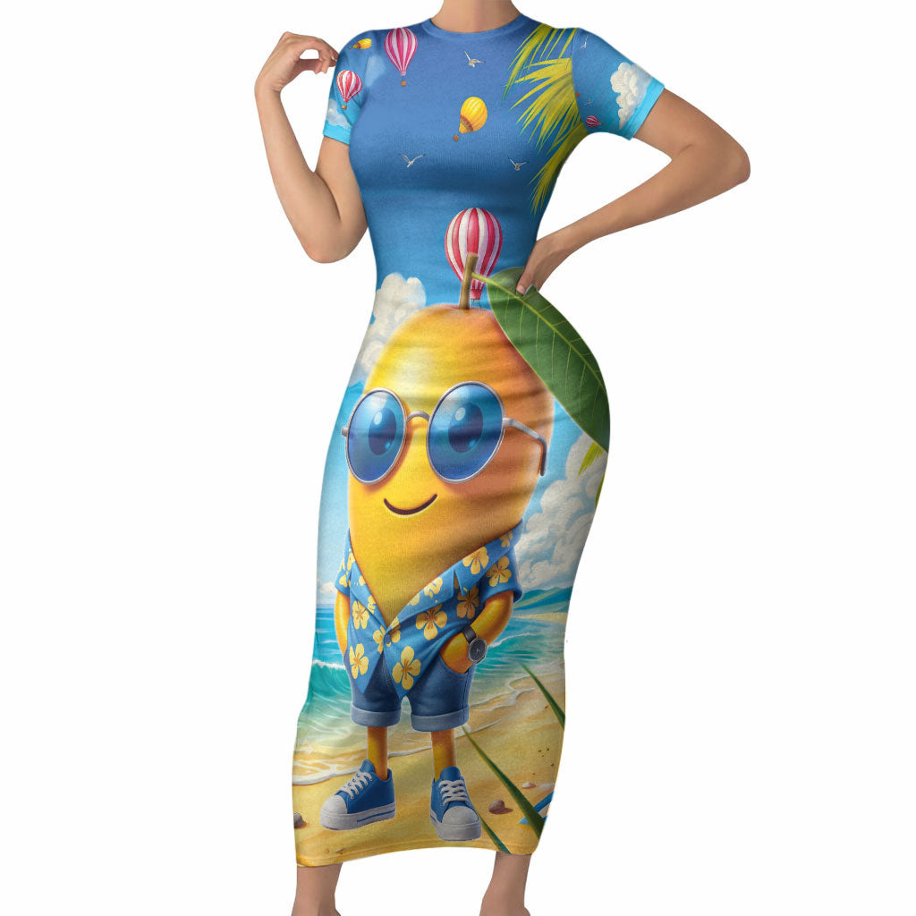 Funny Hawaii Mango Short Sleeve Bodycon Dress Tropical Summer Beach Mascot Vacation LT19 Long Dress Blue - Polynesian Pride
