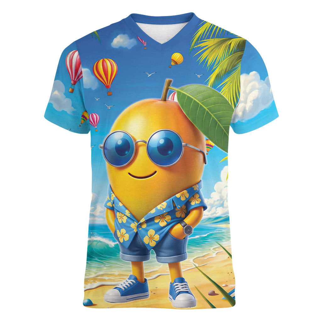 Funny Hawaii Mango Women V-Neck T-Shirt Tropical Summer Beach Mascot Vacation LT19 Female Blue - Polynesian Pride