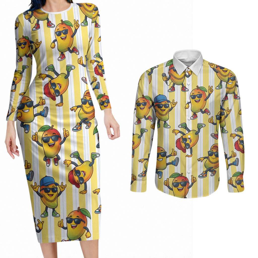 Funny Hawaii Mango Hip Hop Cartoon Couples Matching Long Sleeve Bodycon Dress and Long Sleeve Button Shirt Summer Beach Party LT19 Yellow - Polynesian Pride