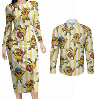 Funny Hawaii Mango Hip Hop Cartoon Couples Matching Long Sleeve Bodycon Dress and Long Sleeve Button Shirt Summer Beach Party LT19 Yellow - Polynesian Pride