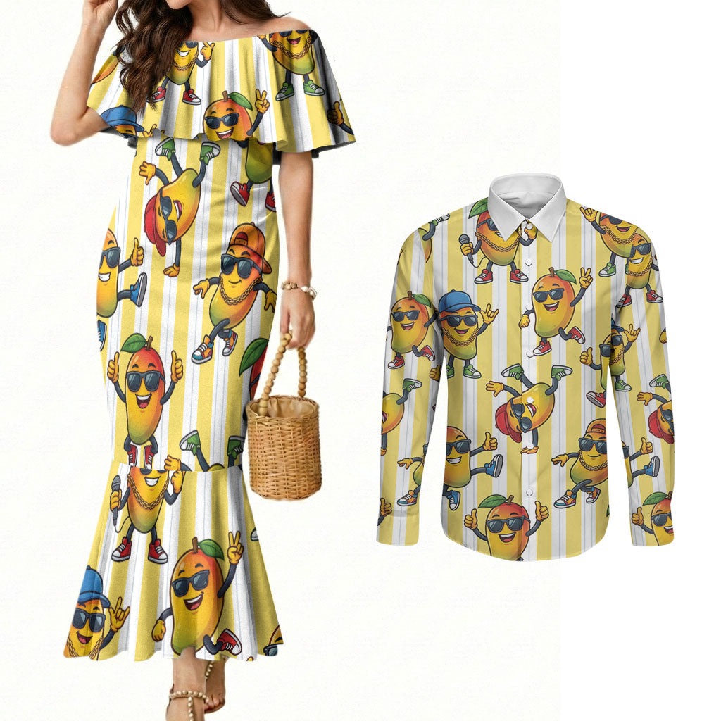 Funny Hawaii Mango Hip Hop Cartoon Couples Matching Mermaid Dress and Long Sleeve Button Shirt Summer Beach Party LT19 Yellow - Polynesian Pride