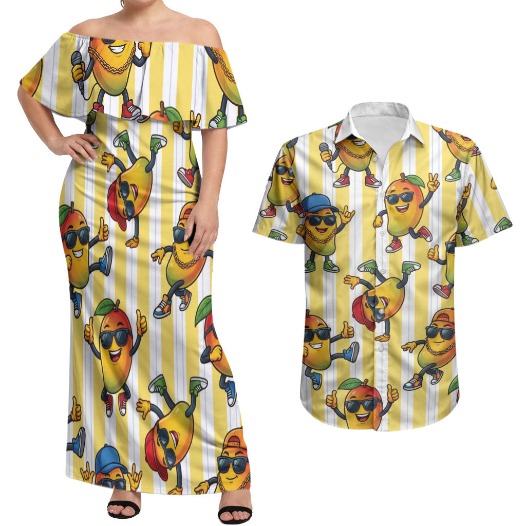 Funny Hawaii Mango Hip Hop Cartoon Couples Matching Off Shoulder Maxi Dress and Hawaiian Shirt Summer Beach Party LT19 Yellow - Polynesian Pride