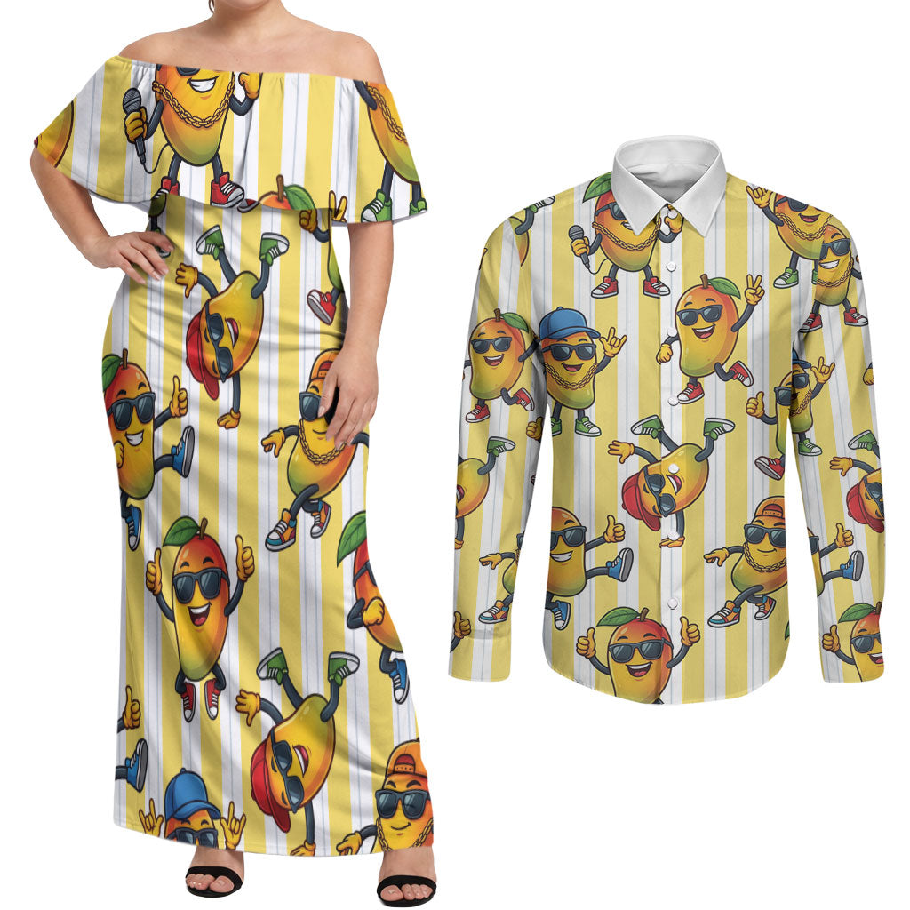 Funny Hawaii Mango Hip Hop Cartoon Couples Matching Off Shoulder Maxi Dress and Long Sleeve Button Shirt Summer Beach Party LT19 Yellow - Polynesian Pride