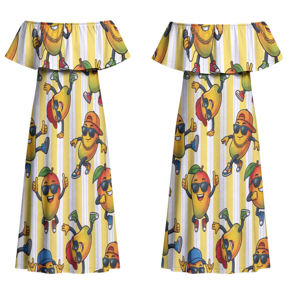 Funny Hawaii Mango Hip Hop Cartoon Couples Matching Off Shoulder Maxi Dress and Long Sleeve Button Shirt Summer Beach Party LT19 - Polynesian Pride