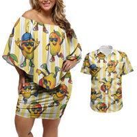 Funny Hawaii Mango Hip Hop Cartoon Couples Matching Off Shoulder Short Dress and Hawaiian Shirt Summer Beach Party LT19 Yellow - Polynesian Pride