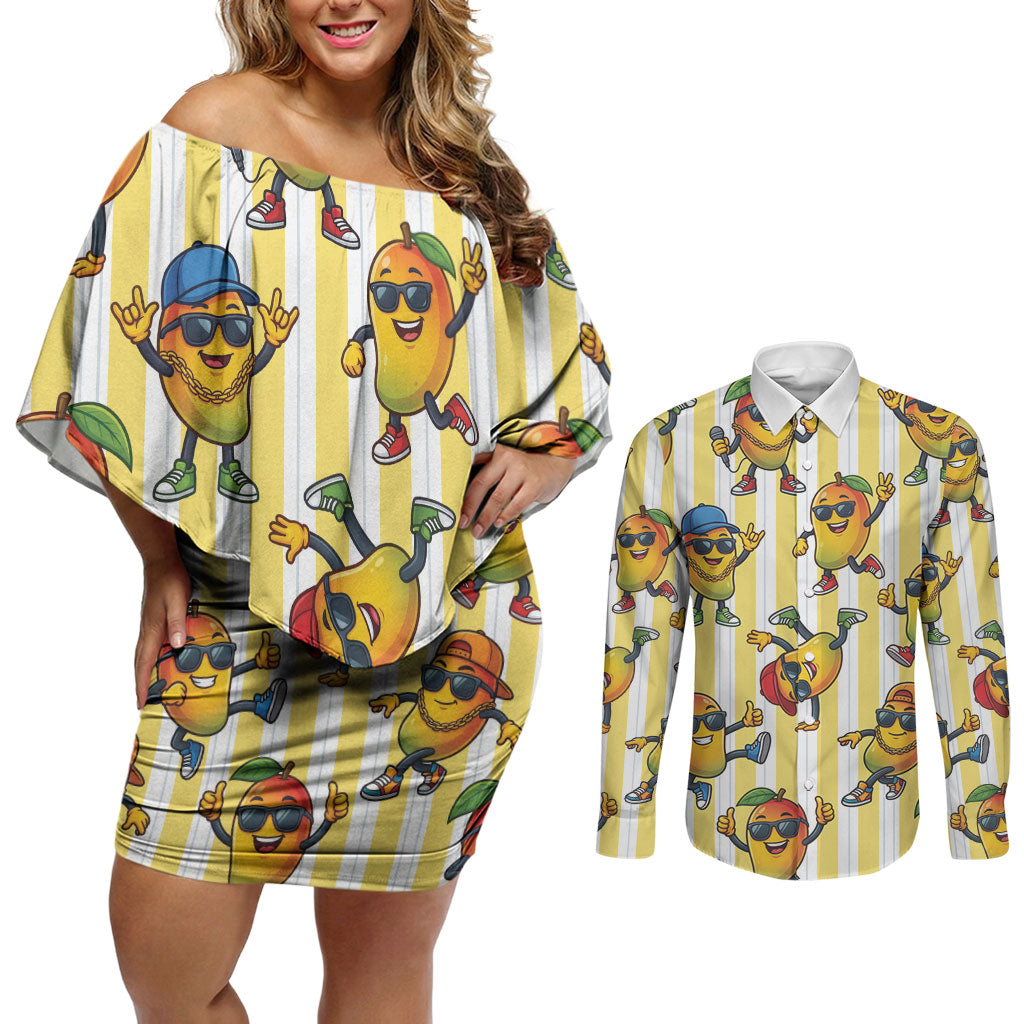 Funny Hawaii Mango Hip Hop Cartoon Couples Matching Off Shoulder Short Dress and Long Sleeve Button Shirt Summer Beach Party LT19 Yellow - Polynesian Pride
