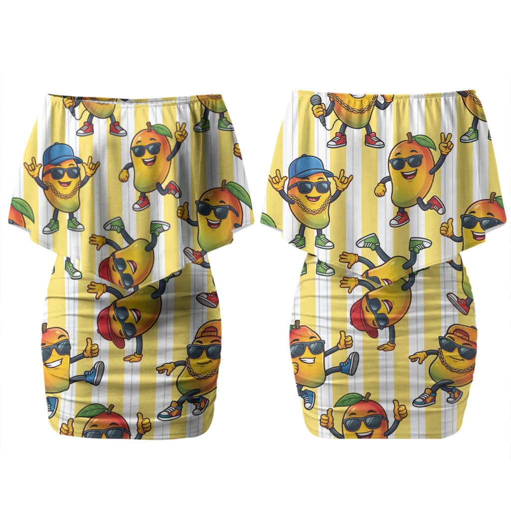 Funny Hawaii Mango Hip Hop Cartoon Couples Matching Off Shoulder Short Dress and Long Sleeve Button Shirt Summer Beach Party LT19 - Polynesian Pride