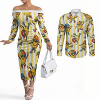 Funny Hawaii Mango Hip Hop Cartoon Couples Matching Off The Shoulder Long Sleeve Dress and Long Sleeve Button Shirt Summer Beach Party LT19 Yellow - Polynesian Pride