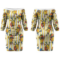Funny Hawaii Mango Hip Hop Cartoon Couples Matching Off The Shoulder Long Sleeve Dress and Long Sleeve Button Shirt Summer Beach Party LT19 - Polynesian Pride