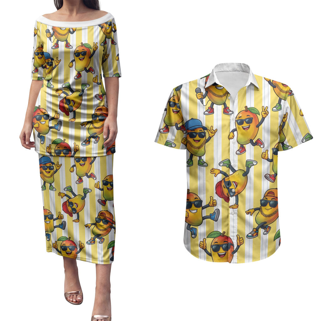 Funny Hawaii Mango Hip Hop Cartoon Couples Matching Puletasi and Hawaiian Shirt Summer Beach Party LT19 Yellow - Polynesian Pride